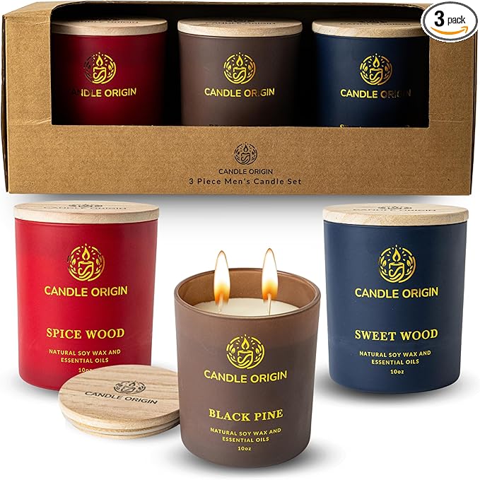 3×10 oz Scented Candles Premium Gift Set for Men - Aromatherapy Candles for Him - Natural Soy Wax - Clean Burning - Masculine Decor for Home, Office, Man Cave