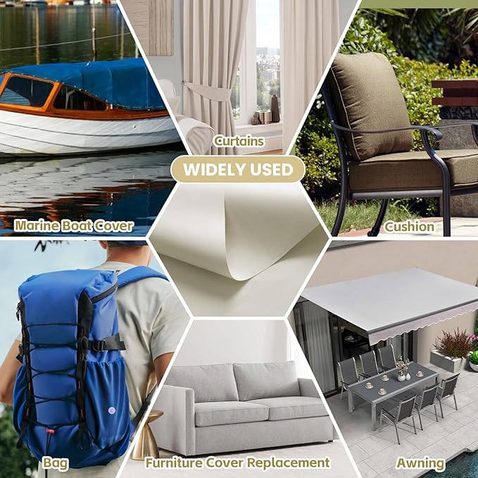 Waterproof Marine Canvas Fabric by The Yard 58" W 600D PVC Backing Water-Resistant Polyester Fabric Upholstery Material for Outdoor Indoor Marine Awning Tent Boat Furniture Cover DIY, 1 Yard Beige