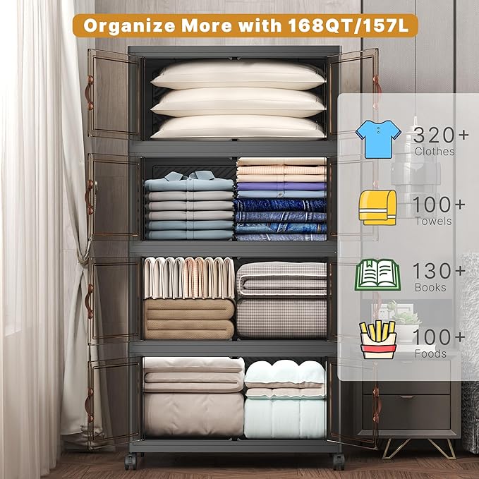 Extra Large Stackable Storage Bins with Lids & Wheels, Foldable Collapsible Closet Organizers Dark Storage Cabinet with Doors for Bedroom Dorm