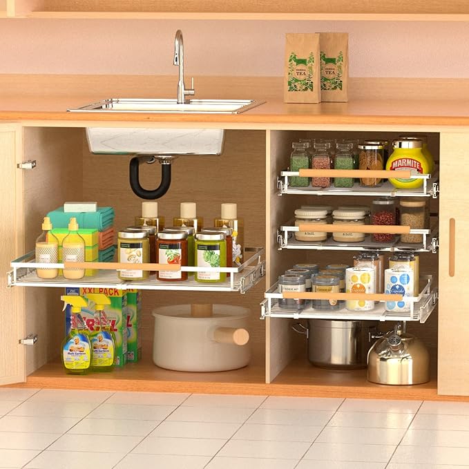 Expandable Pull Out Drawer Cabinet Organizers, Heavy Duty Slide Out Storage Shelf for Home Kitchen Pantry Cupboard Pots Pans, Adjustable Width from 12.1"~18.4", Stainless Steel 1 Pack