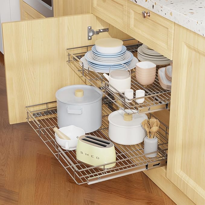 LOVMOR Individual Pull Out Cabinet Organizer, 2 Tier Slide Out Cabinet Drawers, Pots and Pans Organizer and Storage Pantry Shelf for Kitchen (25½" W x 21½" D)
