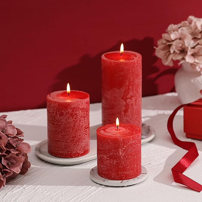 3x6 Inch Bright Red Pillar Candles Set of 3 - Hand-Poured Unscented Candles, Long Clean Burning, Large Big Candle, Smokeless Dripless Candle for Dinner Table, Wedding, Home, Rustic Decor