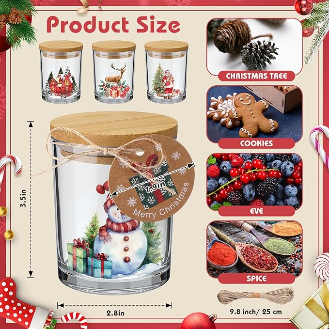 Potchen 12 Pack Christmas Santa Claus Clear Candle Jars for Making Candles 7 oz Empty Glass Jars with Wood Lids and Blessing Card Snowman Candle Containers for DIY Gifts Home Tea Party Holiday Decor