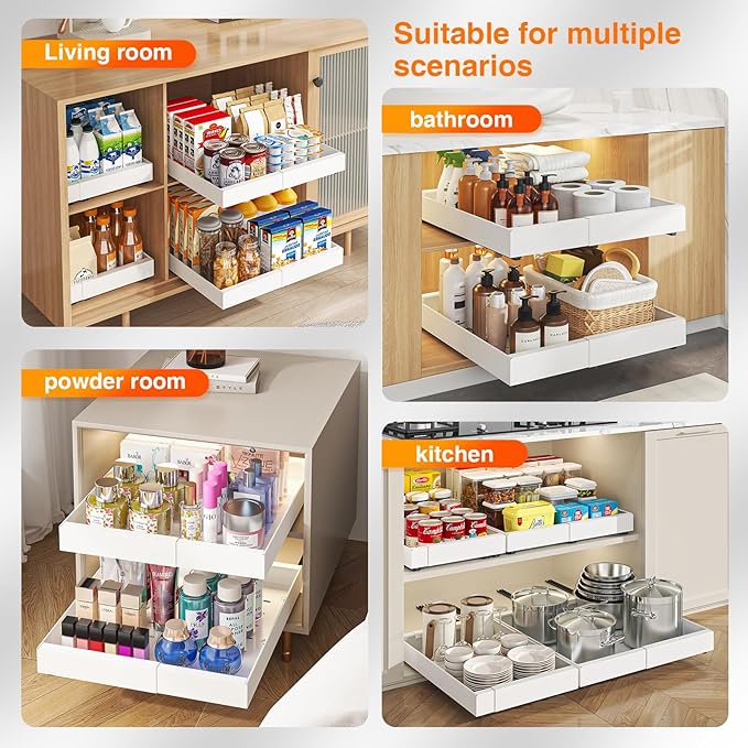 LEGUANG Expandable Pull-Out Cabinet Organizers (12.6-20.4" W x 21" D) - Upgraded 3 Quiet Slide Rails, Nano-Film Adhesive Fixing, White, Fit Kitchen/Living Room/Bathroom/Vanity