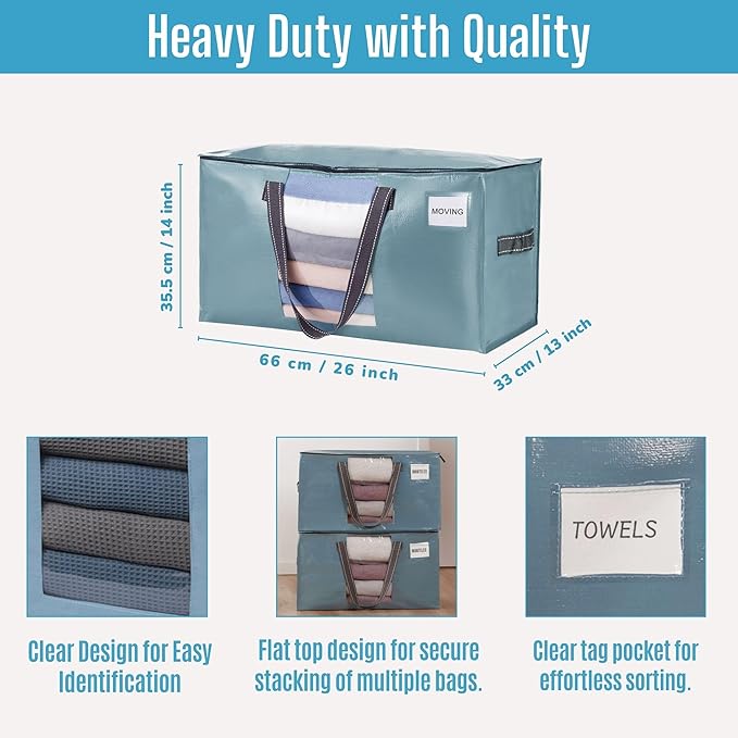 VENO 8 Pack Heavy Duty Moving Bags, Clothes and Comforter Storage Bags with Clear Window, College Dorm Essentials Packing Supplies, Foldable Boxes Alternative (Shiny Light Blue, 8 Pack)
