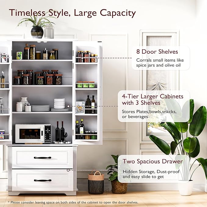 Amposei Farmhouse Kitchen Pantry Cabinet 71-Inch Tall Freestanding Pantry Storage Cabinet Cupboard with Adjustable Shelves for Kitchen Laundry Living Dining Room, White
