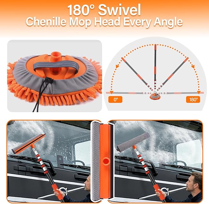 18 FT Reach Car Wash Brush with Long Handle, Car Cleaning Kit with 3-12FT Extension Pole, Soft Bristle Brush, Chenille Microfiber Cleaning Mop&Mitt, Window Squeegee, Wheel Brush for RV, Truck