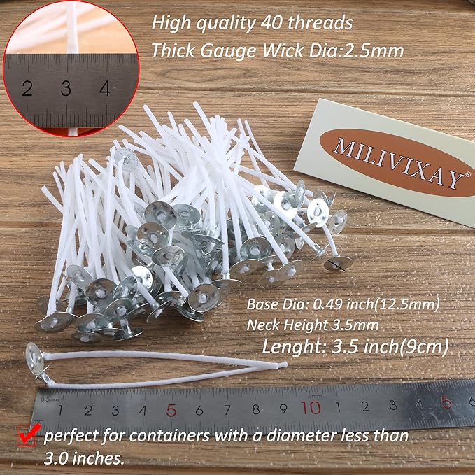MILIVIXAY 100 Piece 3.5 inch Candle Wicks-Pre-Waxed-Candle Wicks for Candle Making.