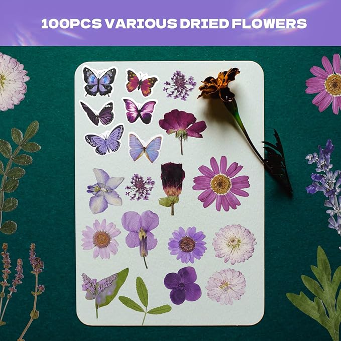 CONVELIFE Dried Flowers for Resin 119Pcs, Pink Real Natural Pressed Flowers with 10Butterfly Stickers, Dried Leaves kit for Scrapbook Supplies Card Making Resin Jewelry Making Soap Candle DIY Crafts