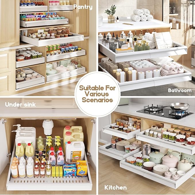 2 Pack Pull Out Cabinet Organizer With Raising Pad for Framed Cabinets,Expandable Width (15"-25") and Depth (17"-24"),3 Slide Rails Slide Out Drawers with Handle,No-Drill Roll Out Shelf,White