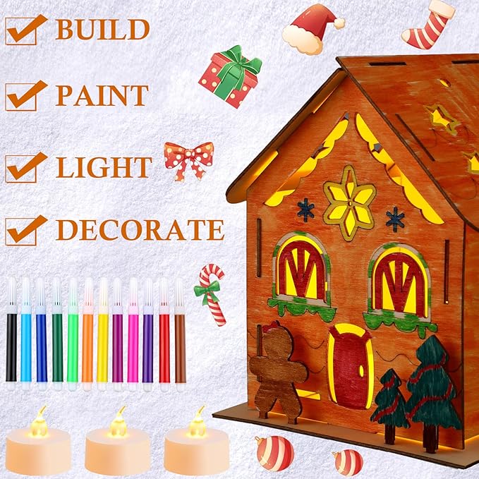 Spiareal 24 Sets DIY Wooden Christmas Gingerbread House Kit with LED Flameless Candles Watercolor Pens Christmas Crafts Wooden Houses to Paint Xmas Tree Ornaments for Fun Activity Art Project