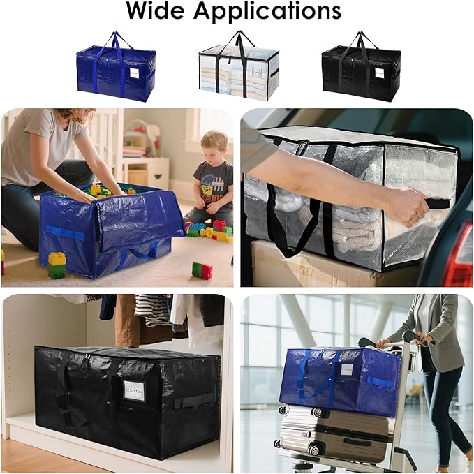 SINLAND 4 Pack Extra Large Heavy Duty Moving Bags with Strong Zippers, Reinforced Handles and Tag Pocket, Packing Totes Supplies for College Dorm Room, Packing Bags for Saving Space (Black)