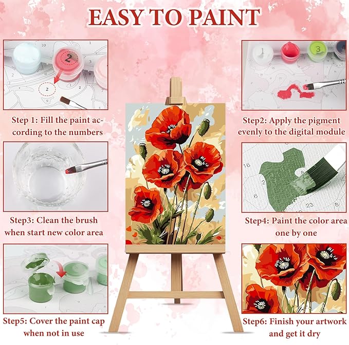 NAIMOER Poppy Flowers Paint by Numbers Kits for Adults Beginner with Wooden Framed, Color by Numbers on Canvas Painting Kits for Adults, Easy Paint DIY Acrylic for Home Wall Decor 8X12 Inch