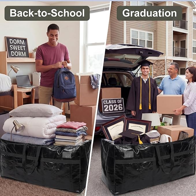 Windyun 4 Pack 57 Gallon Extra Large Moving Bags XXL Heavy Duty Storage Bag with Strong Zipper Handle Jumbo Big Tote Box Foldable for College Dorm Travel Clothes Duffle Blanket Pillow(Black)