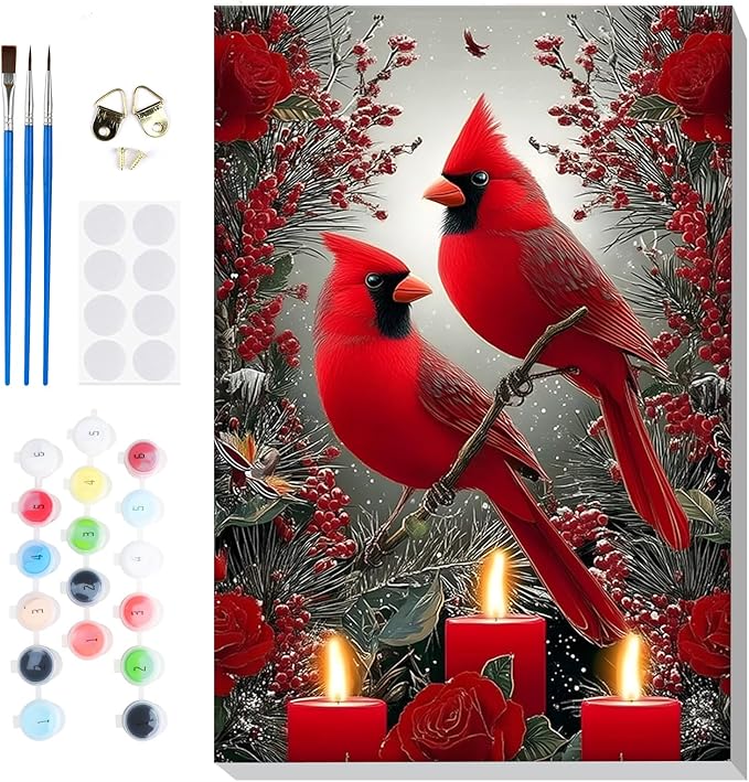 Bowetile Christmas Paint by Numbers for Adults Beginners Framed, Adults' Paint-by-Number Cardinal Kits on Canvas, Acrylic Number Painting Christmas Gifts for Home Wall Decor, 8x12in