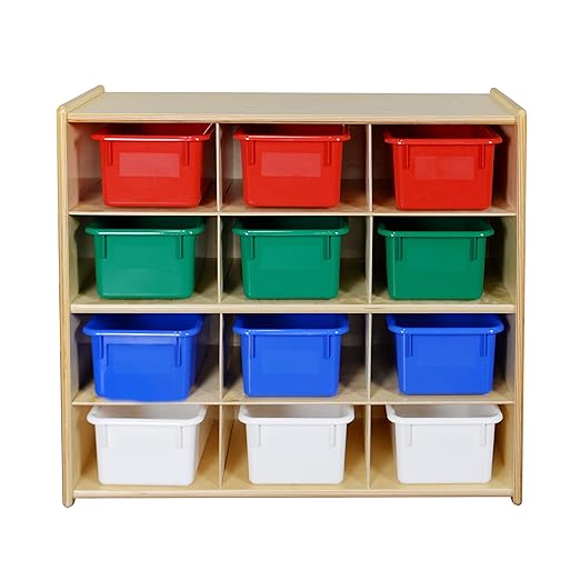 Contender 100% Birch Plywood 12-Cubby Storage Unit w/Colorful Tubs, Hardwood Cubby Organizer for Classroom, Cube Locker Shelf for Organizing Toys - RTA