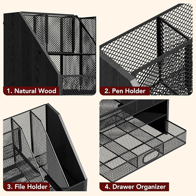 Homsorout Wooden Desk Organizer - Mesh File Organizer with Drawers and Pen Holder - 4-Tier Vertical Paper Letter Storage Tray, Desktop Organizers and Accessories for Home Office (Black