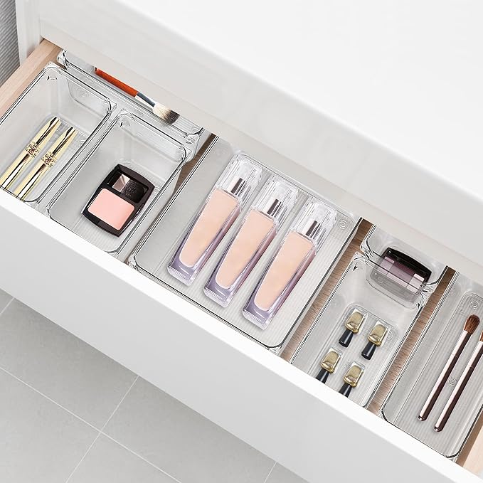 6 Pack Drawer Organizer - 3" X 6" Clear Acrylic Storage Bins with Non-Slip Pads, Versatile Desk Tray for Makeup, Jewelry, Kitchen, Bathroom, and Office Organization