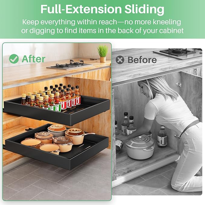 Pull out Cabinet Organizer, 21"Deep, 16.9"Wide Heavy Duty Full-Extension Slide out Drawers with Nano Adhesive, Roll Out Shelves Sliding Cabinet for Kitchen, Bathroom, Pantry,under sink Storage(Black)