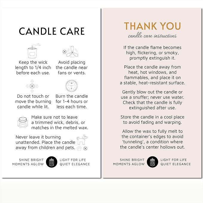 100 pack - Premium Handmade Candle Care Instruction Cards White 2x3.5 in, Small Business | Soy Bees Wax Melt, Candle Makers, Making Supplies Kit Set, Containers, Jars, Pot, Package
