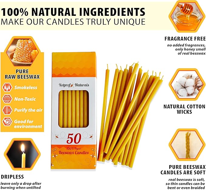 100 All Natural Décor 100% Pure Beeswax Taper Candles – Bulk, Tall (12 in), Unscented, Dripless, Smokeless, Slow Burning, Non Toxic, Honey Scent - for Home, Dinner, Cake, Church, Hanukkah, Christmas