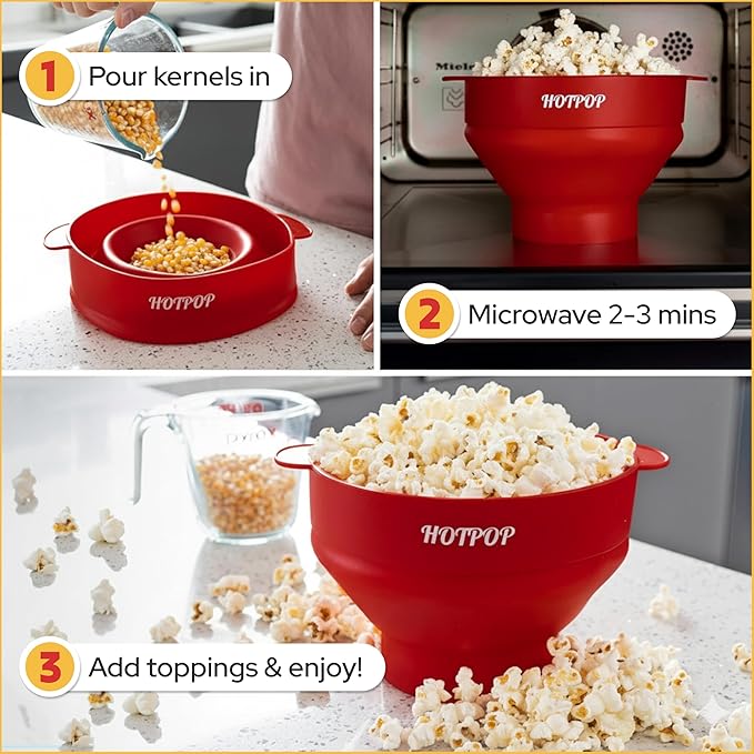 The Original HotPop Silicone Popcorn Maker - Microwave Popcorn Popper - Collapsible Bowl, Heat-Resistant, Easy to Clean, Ideal for Family Movie Nights, 15-Cup Capacity - Cherry (Pack of 2)