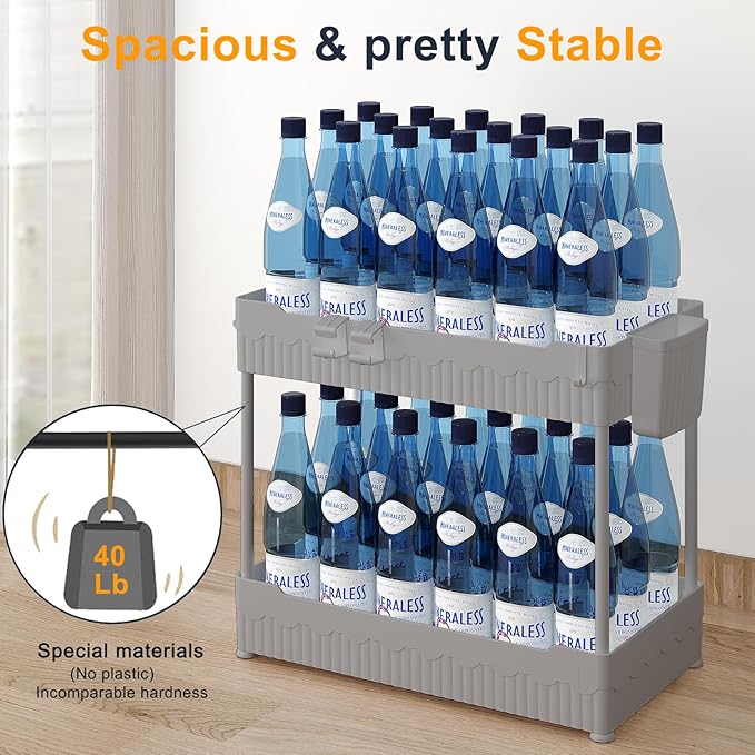 2 Pack Under Sink Organizer, Under Bathroom Cabinet Organizer with Hooks Hanging Cup, Multi-Purpose Storage Shelf for Kitchen Bathroom (Gray, 12.8 Inch)
