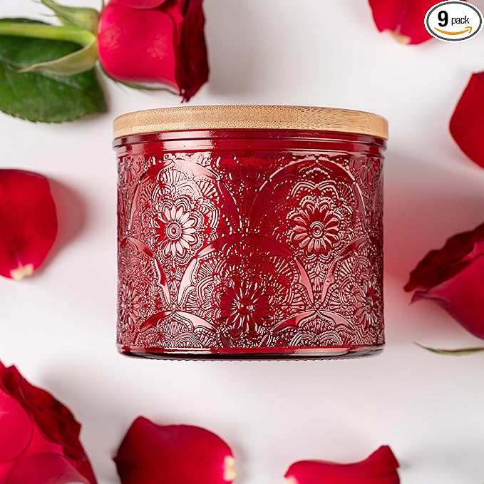10 oz Embossed Glass Candle Container with Bamboo Lids and Labels, Red Candle Jars for Making Candles,Mandala Design - Pack of 9