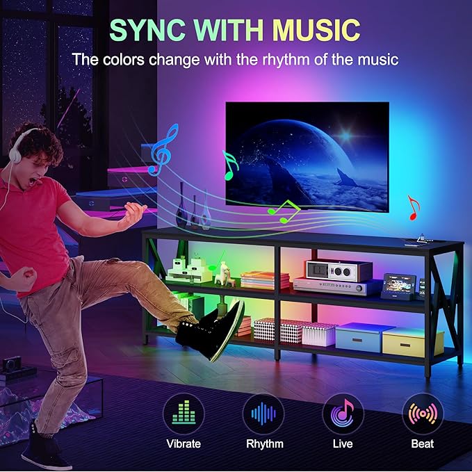 Lvifur 83“ LED TV Stand for 85 75 65 inch TV, Auto Sensor Entertainment Center with RGB Dimmable Lights, TV Console Table with Open Storage Shelves and Metal Frame (Black)