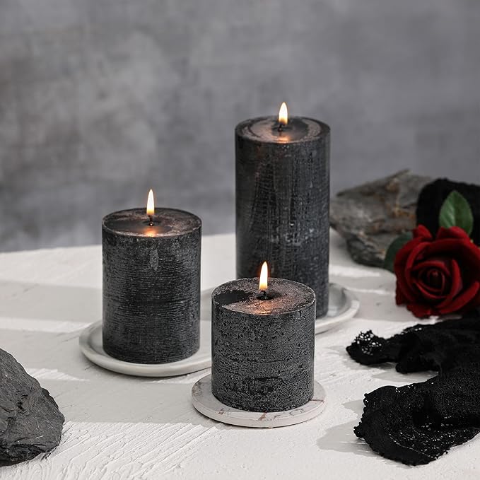 3x4 Inch Black Pillar Candles Set of 3 - Hand-Poured Unscented Candles, Long Clean Burning, Large Big Candle, Smokeless Dripless Candle for Dinner Table, Wedding, Home, Bathroom, Gothic Decor