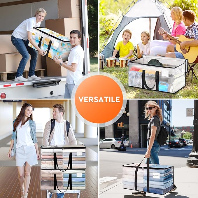 HomeHacks Clear Moving Bags Heavy Duty 8 Pack, Storage Bags with Zipper, Extra Thick Handles & Waterproof Packing Boxes for Moving, Camping, Home Organization 76L/20Gal (28.7"x11.8"x13.8")