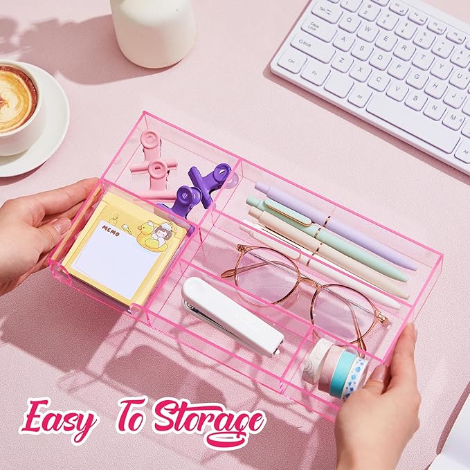 Briwooody Translucent Pink Acrylic Desk Drawer Organizer 11 x 6.1 x 1.38 Inch Storage Tray Organizer for Pens, Stationery, Desktop, Office, Bathroom, Kitchen, Makeup Supplies (6 Compartments)