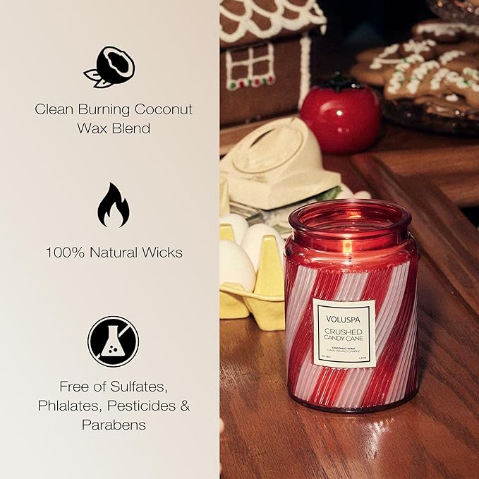Voluspa Crushed Candy Cane, Large Candle Jar, 18 oz, 100 Hour Burn Time, Coconut Wax for Clean Burning, Handcrafted in The USA