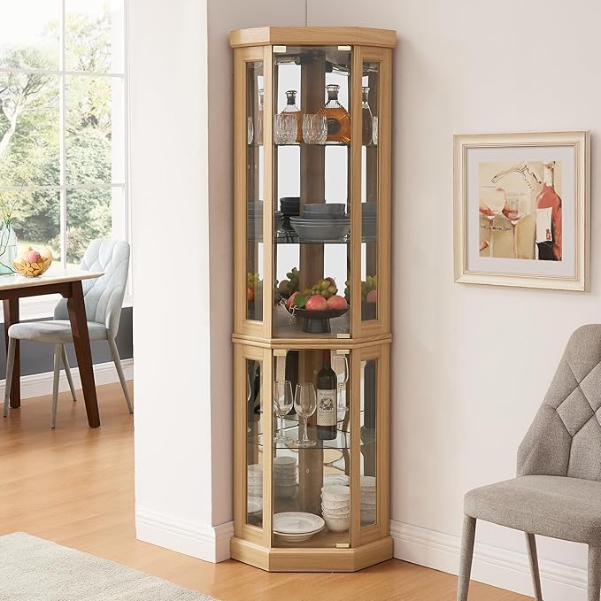 69" H Lighted Curio Cabinet Corner Display Case,Corner Glass Cabinets with Tempered Glass Door and Adjustable Shelves,Wooden Curio Cabinet with Mirrored Back Pane (Style 2 - Light Oak)