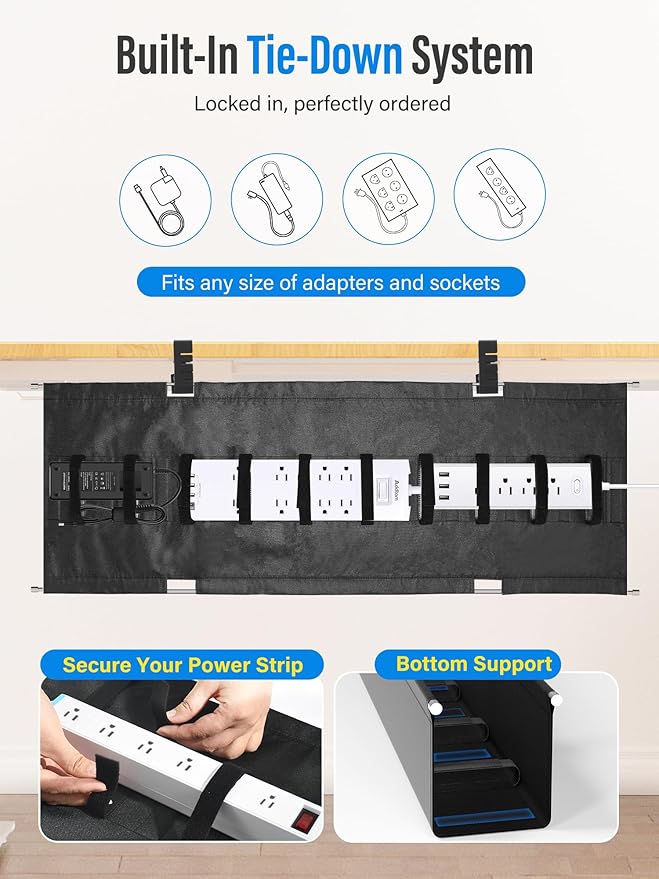 [Upgraded] Large Under Desk Cable Management Tray, Cinati Cable Management Under Desk No Drill, 49.2" Fabric Cord Hider for Wire Organizer, Cord Organizer for Office, Home - Supports Up to 30lbs Black