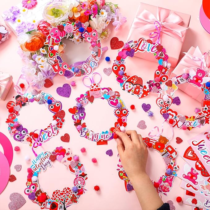 Hollowfly 48 Sets Valentine's Day Wreath Craft Kits DIY Heart Wreath Hanging Ornaments Valentines Make Your Own Paper Craft for Valentine's Day Home Party Activities