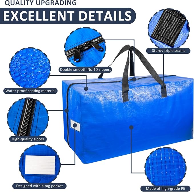 Extra Large Moving Bags with Strong Handles, 6 Pack Heavy Duty Storage Bags with Smooth Zipper, Oversized Storage Tote for Clothes Moving Supplies Dorm Essentials Household Containers