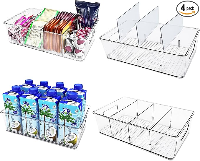 4-Pack Pantry Organizer Bins – Clear Storage Containers for Pantry, Kitchen, Fridge, Cabinet, or Shelf – Perfect for Snacks, Food, Drinks & Multi Purpose