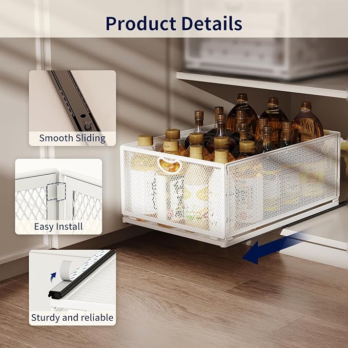 Pull Out Cabinet Organizer, No Drill Adhesive Sliding Drawers for Kitchen, Metal Mesh Wire Storage Shelf for Pantry & Under Sink, White (9.6" W x 15.7" D x 6.1" H)