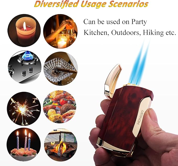 Metal Lighter Double Jet Flame Butane refillable Lighter Shipped Without Gas (2PCS Brown)