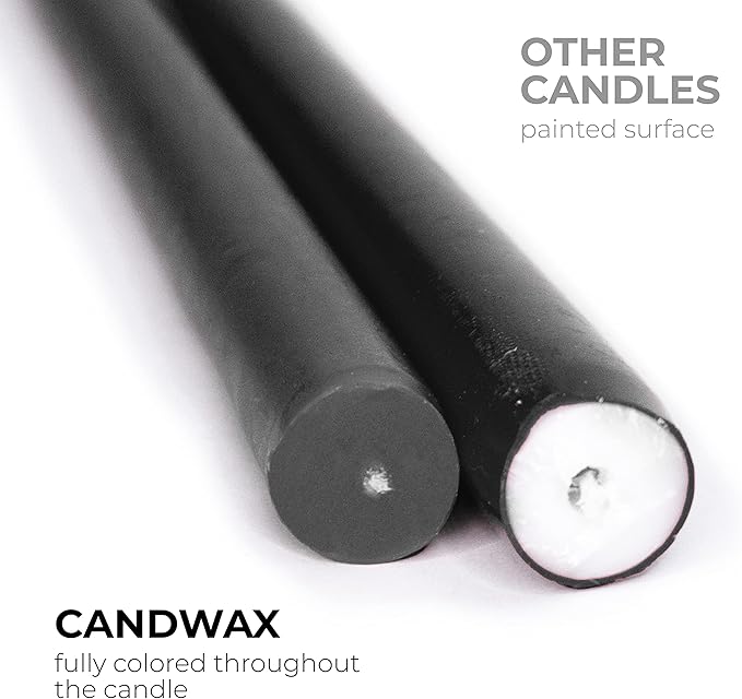 CANDWAX 12 inch Taper Coal Black Candles — Slow Burning Unscented Smokeless Dripless Tapered Candle Set of 4 — Perfect for Gothic Parties and Halloween Gatherings (Packaging May Vary)