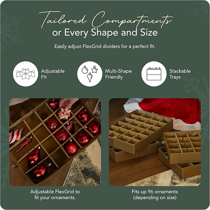 Covermates Keepsakes Adjustable Ornament Storage Bag – Heavy-Duty Polyester, Padded Dividers & FlexGrid Trays – Protective Holiday Ornament Organizer with Handles & Label Window, Green Snowflake