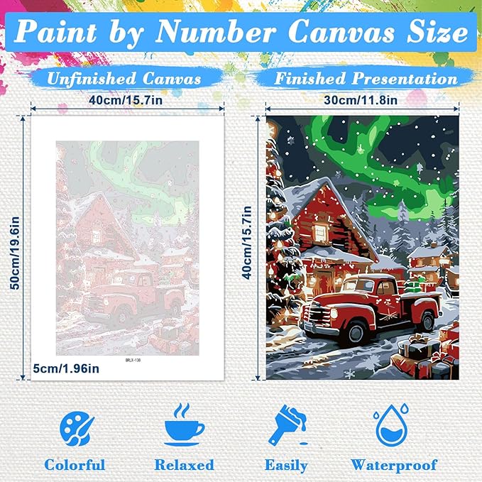 Skyboda Christmas Paint by Numbers Kit for Adults Beginners with Frame, Christmas Tree Adult Paint by Number Kits on Canvas, Easy DIY Oil Painting Kits for Home Decor, 8x12in（Truck House Aurora）