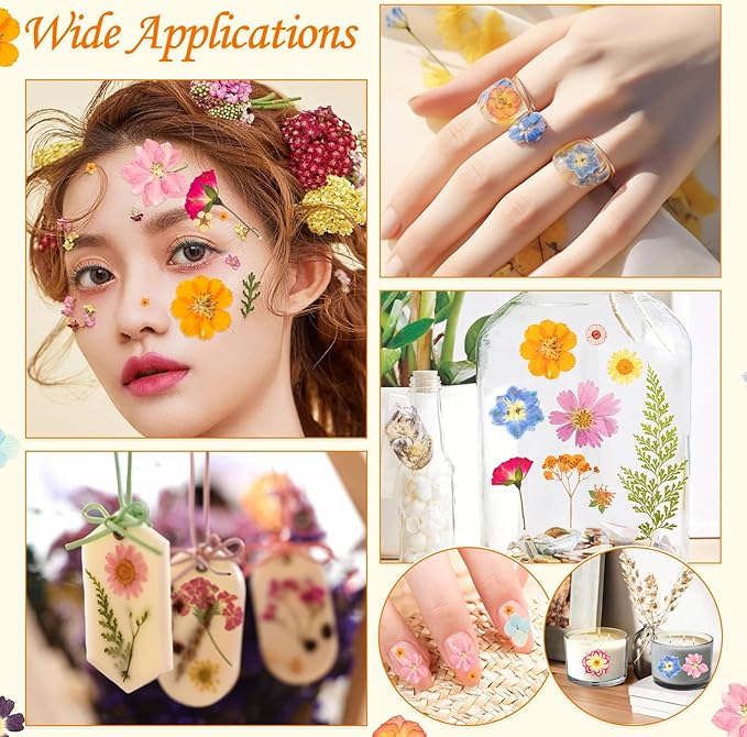 155Pcs Dried Pressed Flowers for Crafts, 6 Sheets Real Dry Florals and Leaves Bulk with Tweezer for Resin Molds Candle Soap Making Scrapbook Bookmarks Frames Supplies Kit Nail Art Makeup Decor