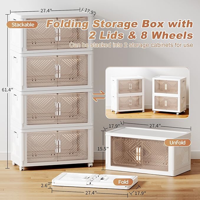 Storage Bins with Lid 120QT, Stackable Storage Containers with Wheels and Magnetic Doors, Plastic Clothes Closet Large Capacity Organizers and Storage Box for Home and Office (4 Pack)