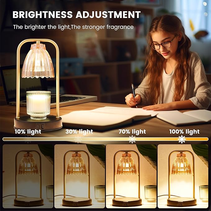 CATY&KITTEN Candle Warmer Lamp with Timer & Dimmer, Table lamp with USB and Type C Output,Dimmable Wax Melt Warmer with 2 * 50W Bulbs, House Warming Gift for Mother's Day