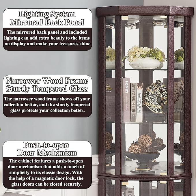 69" H Lighted Curio Cabinet Corner Display Case,Corner Glass Cabinets with Tempered Glass Door and Adjustable Shelves,Wooden Curio Cabinet with Mirrored Back Pane (Style 1 - Dark Cherry)