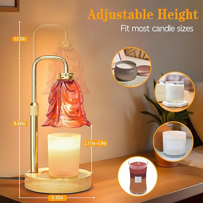 XJZJY Candle Warmer Lamp with Timer Dimmer, Adjustable Height Green Tulip Candle Wax Warmer, Christmas Birthday Gift for Mom Women, House Warming Gifts for New Home Bedroom Decor (Flower Crimson)