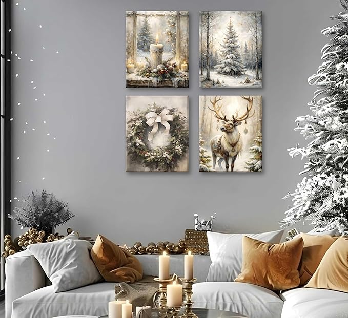 Paint by Number Kit for Adults & Kids, 4 Pack Winter Christmas Scenes (Reindeer, Snowy Tree, Candle Display, Wreath) 12x16Inch Framed, DIY Acrylic Painting Kit with Brushes & Paints