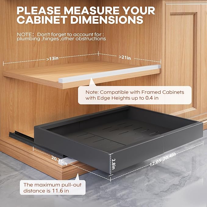 2Pack Expandable Pull Out Cabinet Organizer 21"Deep with Raising Pad for Framed Cabinets, Upgrade 3 Slide Rails Slide Out Drawers, Roll Out Shelves Adhesive,Adjustable Width 12.05"-20.4"Black